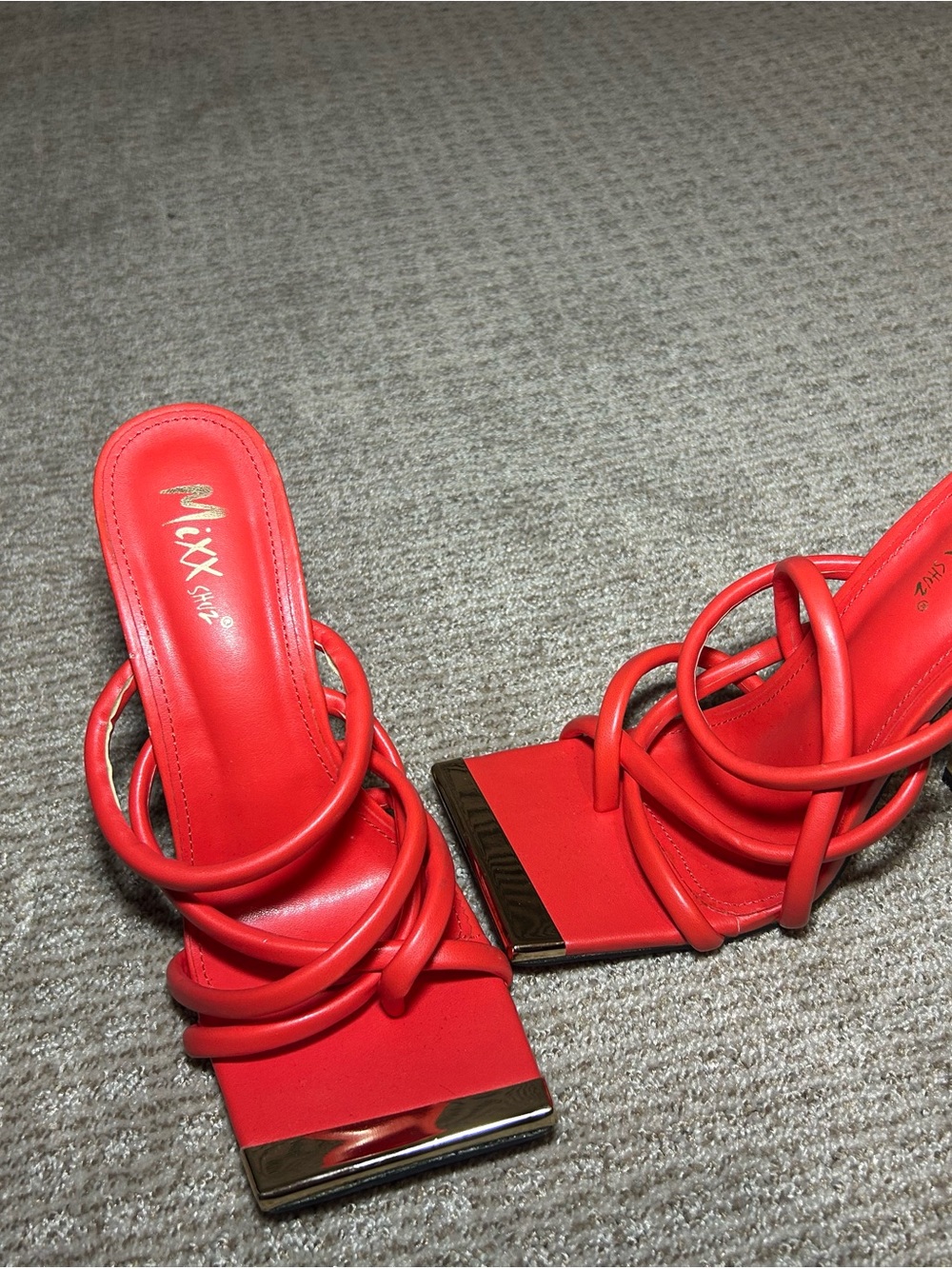 Mixx Shuz Red Strappy Square-Toe Heels with Gold Accent